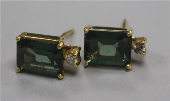 A pair of 18ct yellow gold, emerald-cut synthetic? green spinel and diamond earrings.